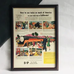 ビンテージ　ポスター　広告　『 パシフィック鉄道 』　ヴィンテージ　50's・60's　オリジナル　輸入雑貨　アドバタイジング　当時物　額付　昭和　レトロ　アメリカ　(390mm ×  283mm)　( AZ488 )