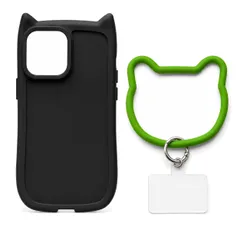 iPhone 16 Pro Max 対応 スマホケース 猫耳デザイン TPU ケース かわいい ねこ耳 カメラ保護 フチ高設計 やわらかい 着脱簡単 シンプル thời trang 携帯カバー Đenケース × Xanh láストラップ