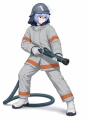 A4Kích cỡ c1309 水色髪の人物 消防士の防火服スタイル ヘルメットとノズルを持つポーズ trắng背景 アニメ調アートプリント