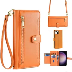 【mới】 FOR iphone 14 Plus ケース 手帳型 ショルダー FOR アイフォン 14 プラス 斜めがけ 手帳 ケース 財布型 【 ストラップ 長+短 2本】お財布付 肩がけ 首掛け ファスナー型 長さ調整可能 スタンド機能 オレンジ