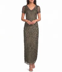 ピサッロナイツ nữ Áo Đầm Vネック シアー Pisarro Nights VNeck Short Sheer Sleeve Back Slit Beaded Sheath Dr