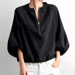 Áonữxuân hè プルオーバー七分袖 ショート丈 xuân服 hè服 ジップ パフスリーブ đen 大人thanh lịch 丸首 dễ thương 通勤 Đen オフィスphong cách thường ngàyÁo sơ mi