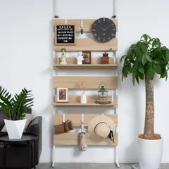 【数量giới hạn】段差対応 木目調 【DIY・穴あけ・工事が不要】簡単取付 ウォールラック ラック (60CM 突っ張り 収納 壁面 ナチュラル×Trắng) つっぱり式 棚 壁面収納