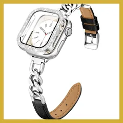 [Sovio] 細身レザー対応Apple Watch バンド＆キラキラカバー bộ42mm(Series 11 10)、ステンレス製ジュエリーチェーン互換アップルウォッチ バンド 革、全面保護・耐衝撃カバー付き対応Apple Watch ベルト かわいい、簡