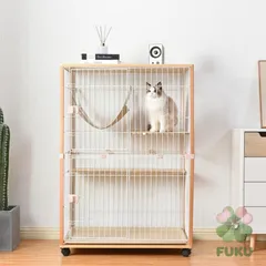【mới】猫 キャットケージ ケージ 木製 キャットハウス ネコ ハウス 留守番 保護 脱走防止 多頭飼い 多頭 スチール 二段 ナチュラル チーク usyc