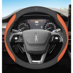 【mới】 リンカーン Lincoln オレンジ花柄 ハンドルカバー 38cm O型 車用 ステアリングカバー レザー調 高級感 ロゴ入り コンパス柄 滑りにくい  5色選択可能 xsdv