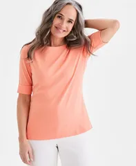スタイルアンドコー nữ Áo Áo sơ mi Cotton Style Co Womens BoatNeck Elbow Sleeve Cotton Top Exclusively at Macys