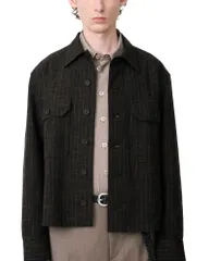 スタジオニコルソン nam Áo Áo sơ mi ウール Cotton ニット Studio Nicholson Slim Cotton Wool Knit Check Overshirt Peat チェック