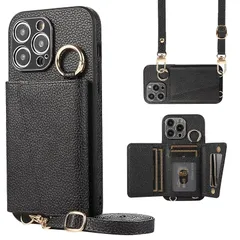【mới】 TENSIK iPhone 14 Pro Max 用 ケース 手帳型 ショルダー PUレザー 鏡付き Đen