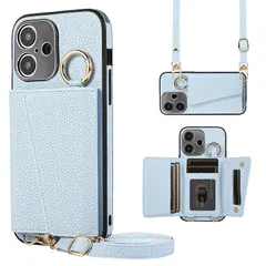 【mới】 TENSIK iPhone 16 Plus 用 ケース 手帳型 ショルダー PUレザー 鏡付き Xanh dương
