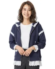 [エレクトリックサーカス] レース使いが目を惹く パーカー tay dài nữ dáng rộng thoải mái 体型カバー 通勤 通学 旅行 アウター 普段着 [Xanh navy]