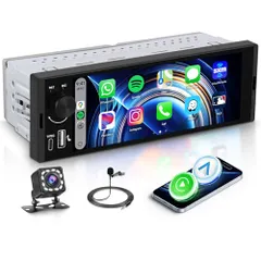 Hodozzy 1DINカーステレオ 6.36インチタッチスクリーン搭載 物理ノブ付き ワイヤレスCarPlay＆Android Auto/MirrorLink対応 オンライン動画視聴 Bluetooth FMラジオ 16バンドEQ バックカ b705d329