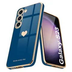 【mới】 Teageo Galaxy S23 用 ケース dễ thương ハート型 メッキ加工 薄型 シンプル TPU 耐衝撃 落下防止【Xanh navyXanh dương】