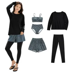 [Miredina] Đồ bơi nữ, Rash Guard, Bộ trên và dưới, Áo che thân, Tankini, Bộ 5 món, Tay áo dài, Áo khoác parka, Quần legging, Quần short, Chống tia cực tím, UPF50+, Bơi lội (JP, Bảng chữ cái, M, Tiêu chuẩn, C. Đen x Xanh xám)