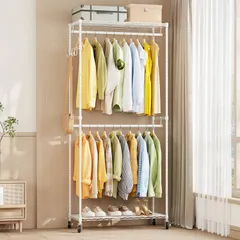 Giá treo AZKBL, 2 tầng, Giá treo quần áo chắc chắn, sức chứa lớn, tải trọng 160kg, kèm kệ, móc và bánh xe (Trắng, 60*40*184cm)