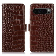 [Mới] CHO Vỏ Google Pixel 11 Pro XL Loại máy tính xách tay Họa tiết cá sấu bằng da thật cho Google Pixel 11 Pro XL Loại ví Họa tiết cá sấu Chống sốc [Chặn RFID] Lưu trữ thẻ Nút từ tính Chức năng đứng ngang Loại ví di động tiện lợi