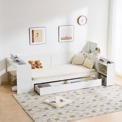 Hệ thống giường, giường chứa đồ, giường kèm bàn làm việc, giường đơn, gỗ thông, gỗ tự nhiên, màu trắng, ván gỗ đầu giường để đồ, ngăn kéo, tủ di động, có bánh xe, vách ngăn, bàn rộng 40cm, cao 75cm, tải trọng 150kg, ở một mình