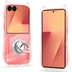 ZHIYIJIA Galaxy Z Flip 7 Ốp lưng Clear Cover TPU Tai mèo có nhẫn Ẩn mặt sau bằng kính Chân đế thời trang dễ thương Bao gồm lỗ dây đeo Galaxy ZFlip 7 Vỏ điện thoại thông minh Đa chức năng Bảo vệ toàn diện Ngăn ngừa rơi (Trong suốt)