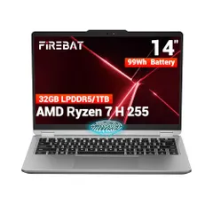 Máy tính xách tay FIREBAT, màn hình 14 inch 2880x1800 QHD+, AMD Ryze7 H255 (8C/16T lên đến 4,9GHz, 70W TDP), RAM LPDDR5X 32GB, SSD PCIe 4.0 1TB (lên tới 325a2b7f