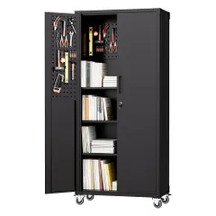 Tủ Thép AQY Có Bánh Xe, 4 Tầng, Kệ Di Động, Tủ Có Khóa, Bao Gồm Bảng Đục Lỗ, Thư Viện Có Khóa, Mở Đôi, Thư Viện Thép, Yêu Cầu Lắp Ráp, Văn Phòng/Nhà/Kho/Garage (Đen) mt
