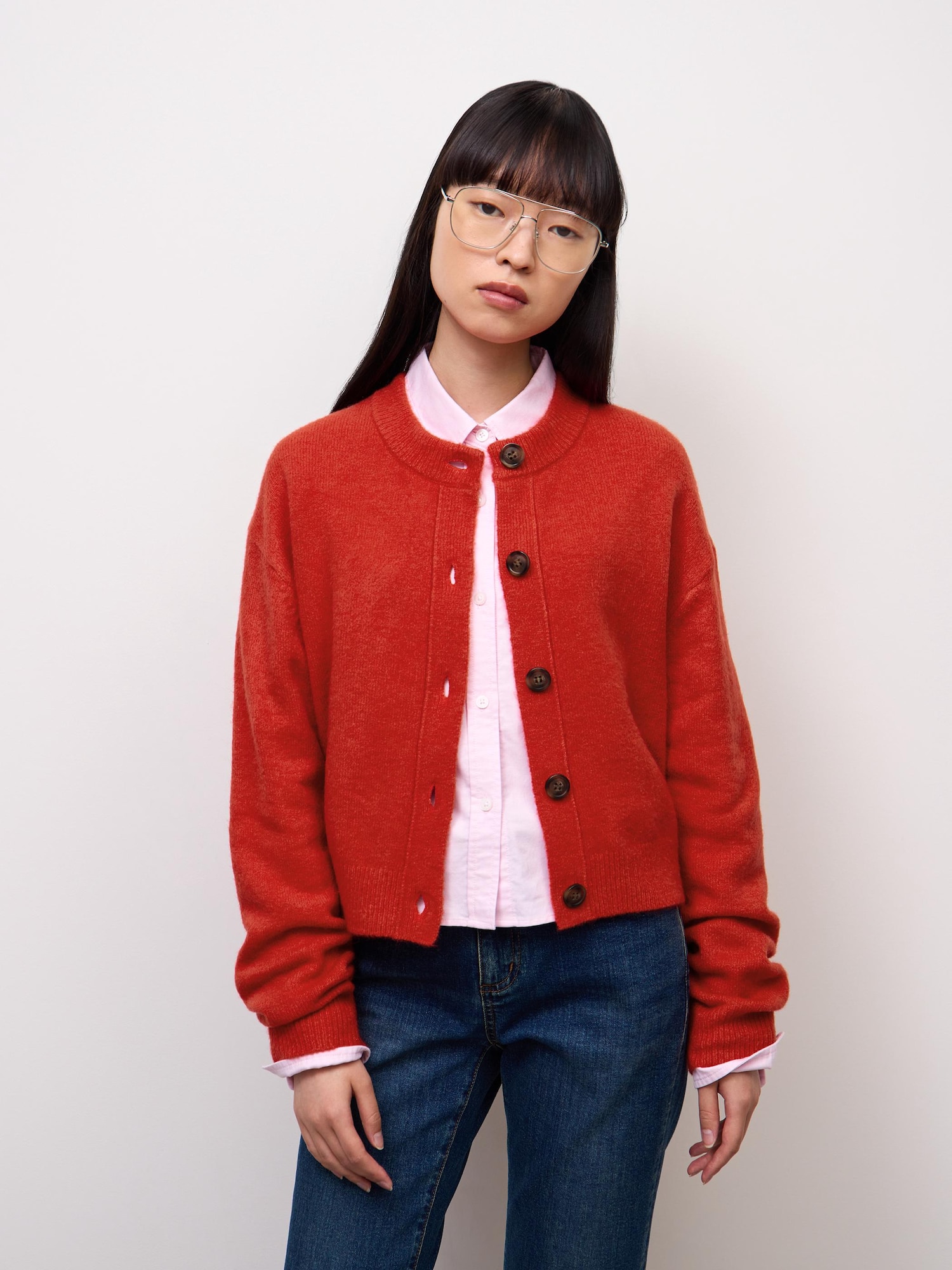 Áo cardigan cổ tròn dệt kim phồng phồng CL